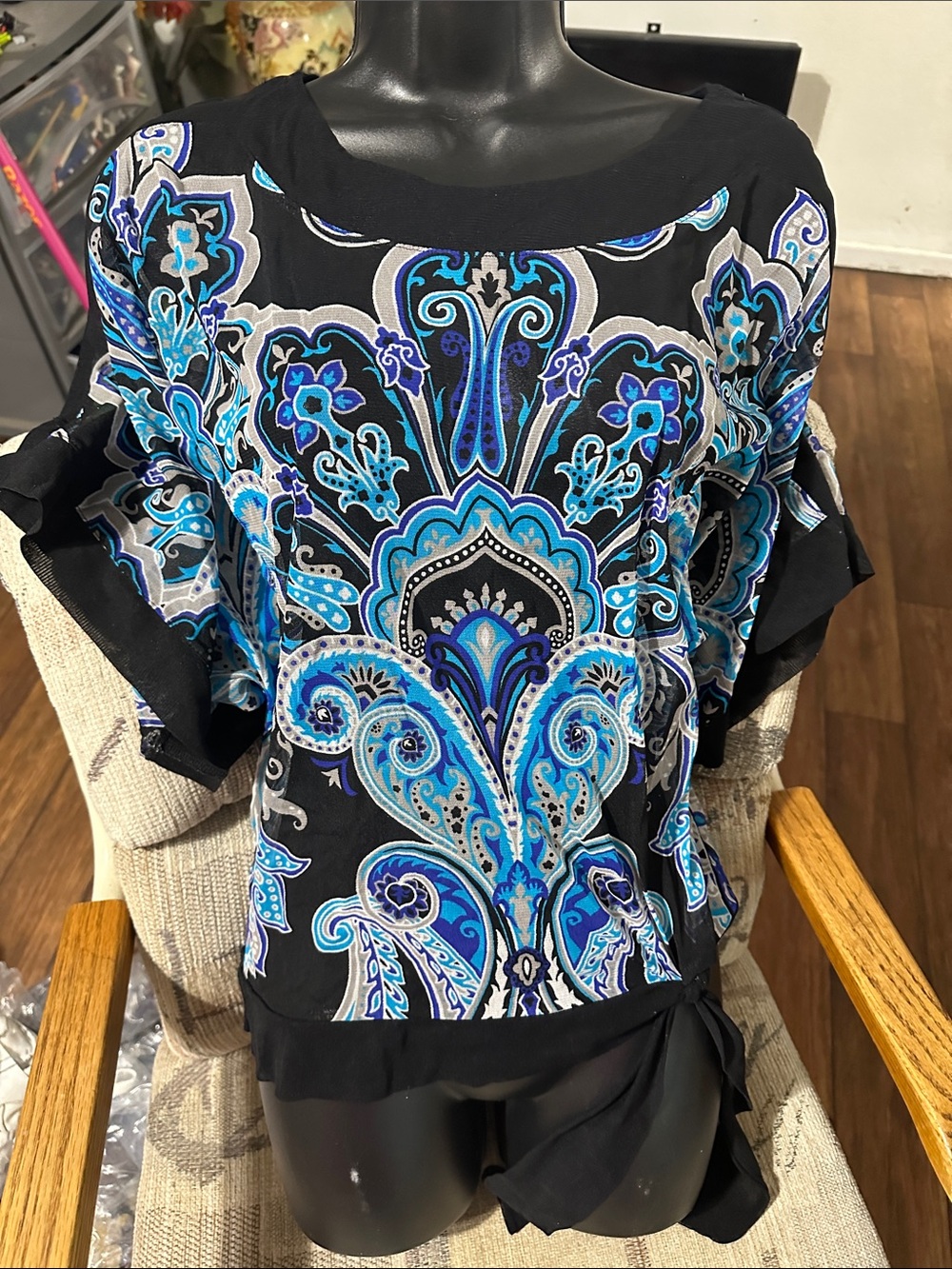INC International Concepts Black Blouse with Blue Paisley Print